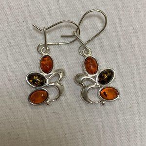 Stylish Women's Amber and Silver Three-Stone Dangle Earrings